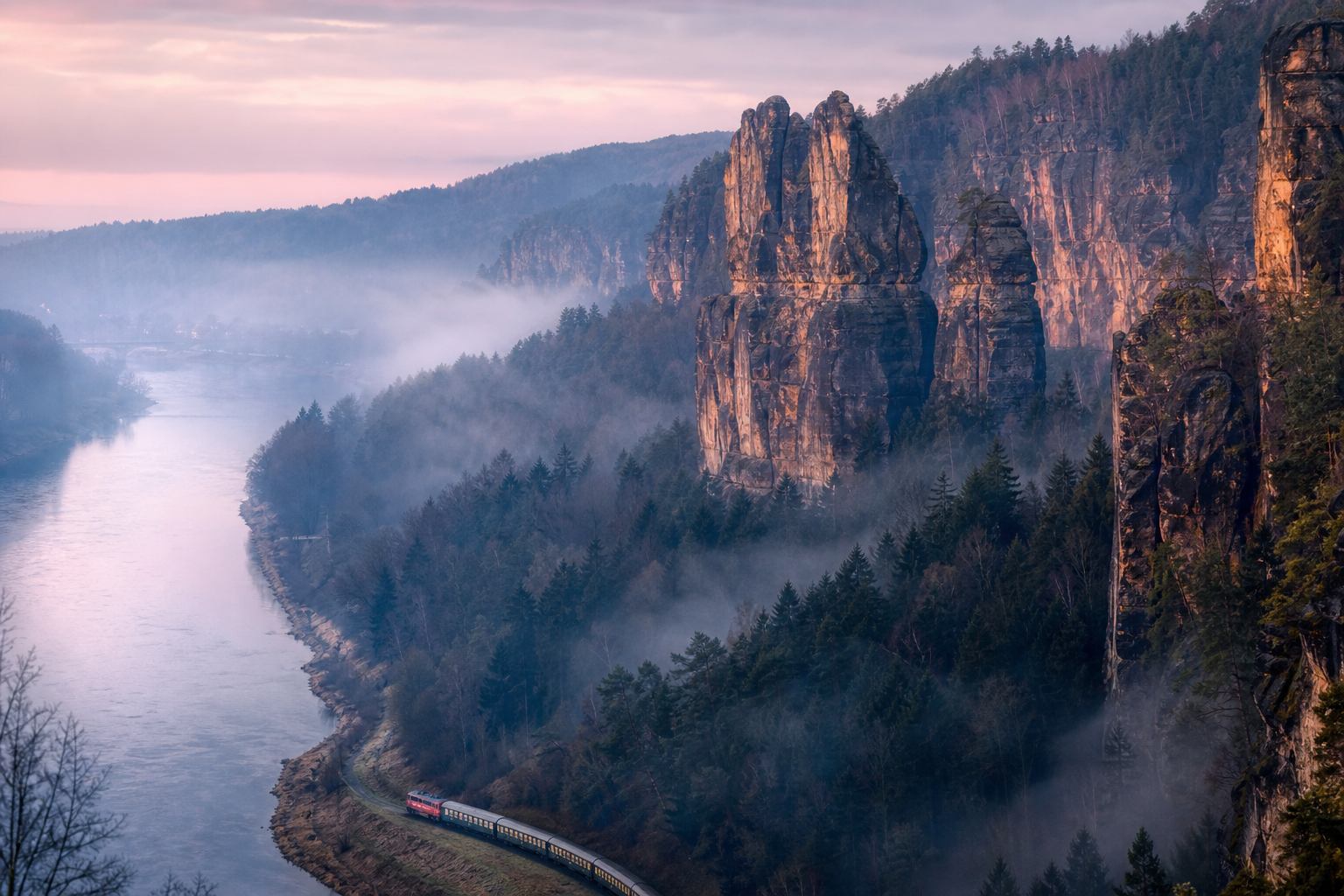 Morgendlicher Nebel über Sandsteintürmen und der Elbe in der Sächsischen Schweiz