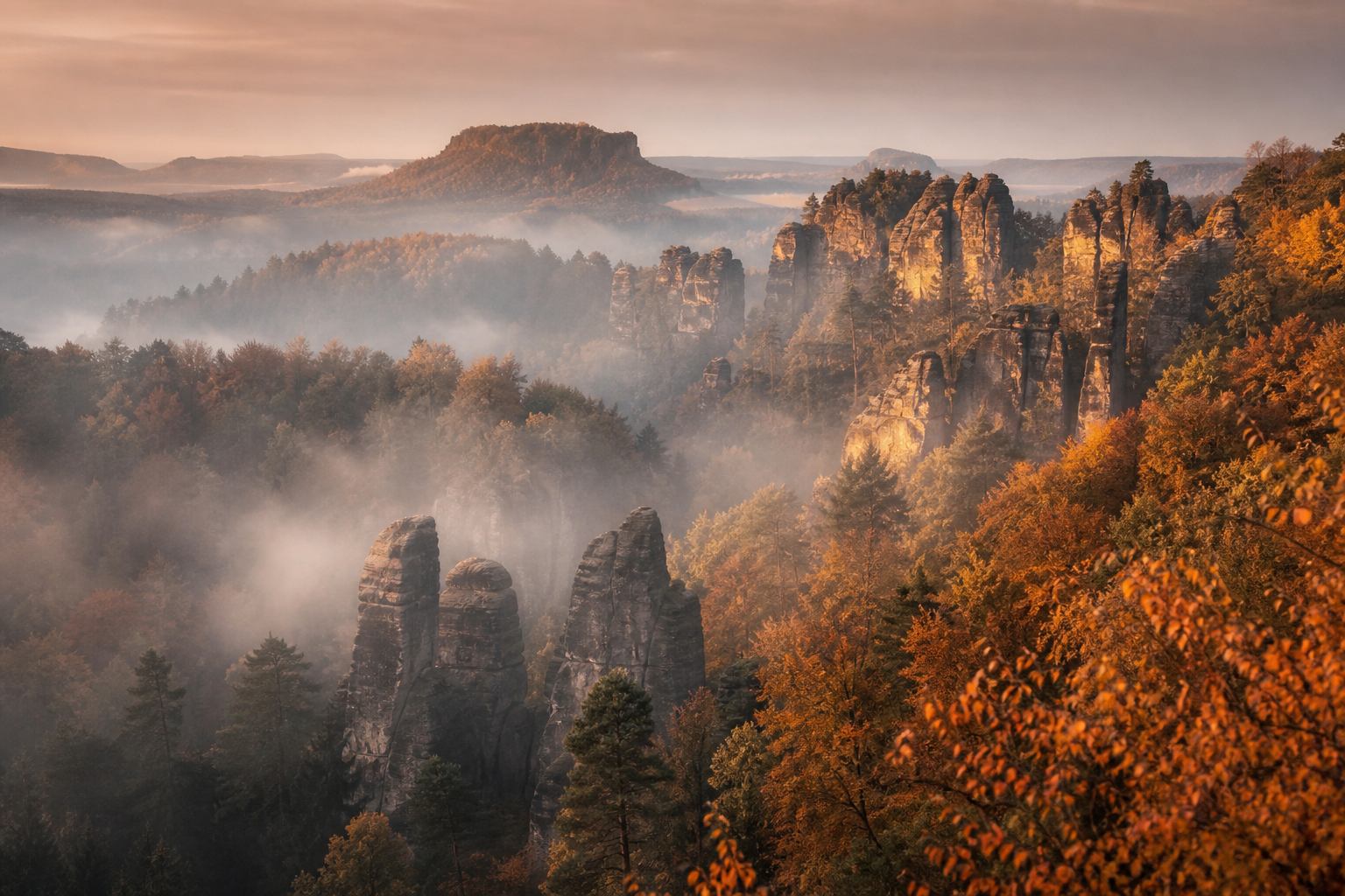 Kupferfarbener Herbstwald vor Sandsteintürmen